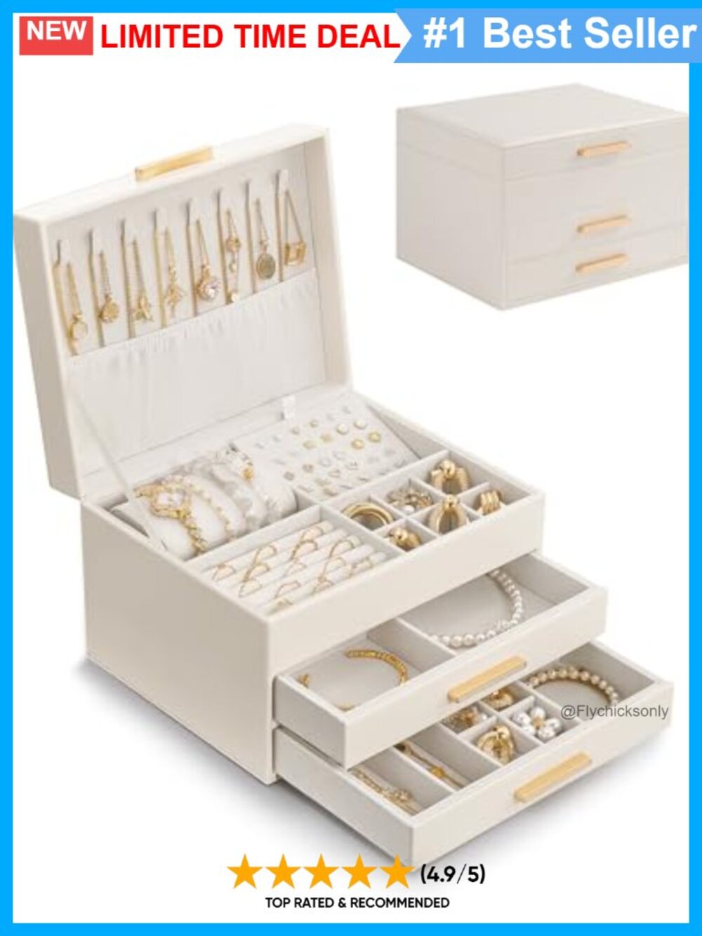 3-Layer Jewelry Box Organizer Leather Velvet Lining Compact Storage Gift